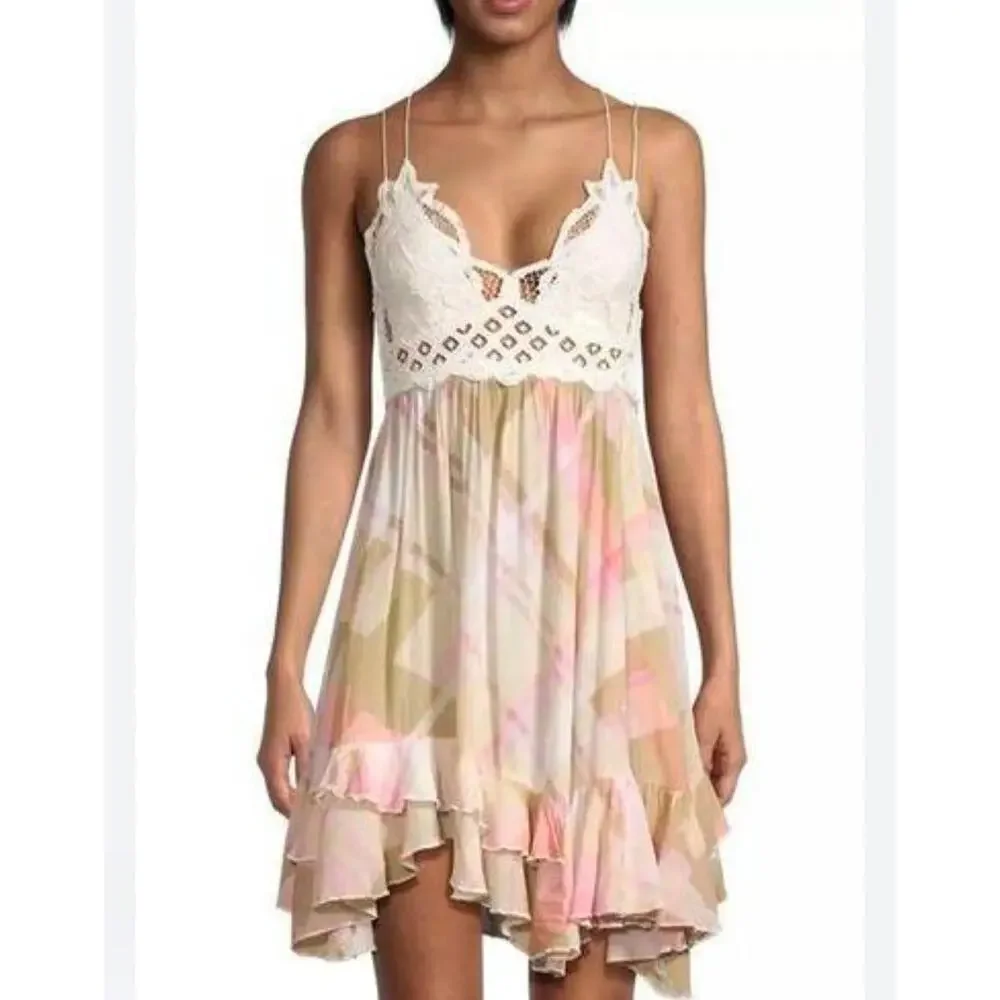 FP Intimately Free People Adella Mini Slip Dress Sz Large Pink Plaid Ruffle $98 - Picture 1 of 16